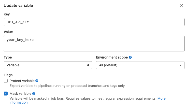 View of the GitLab window for entering DBT_API_KEY