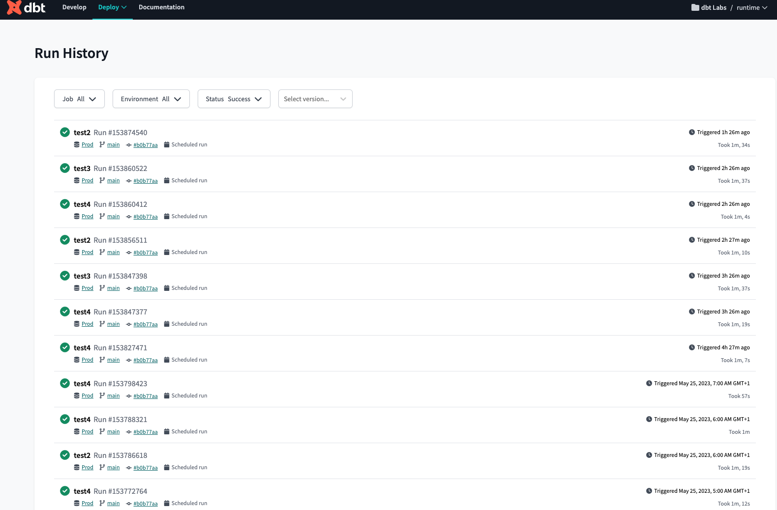 Run History dashboard allows you to monitor the health of your dbt project and displays jobs, job status, environment, timing, and more.